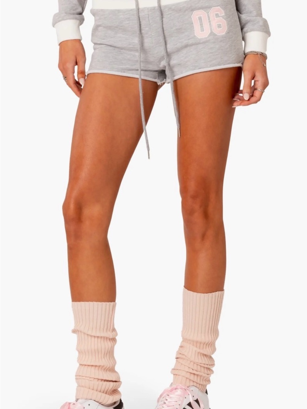 Edikted Pat Tie Waist Shorts Gray Melange with Pink '06' Accent